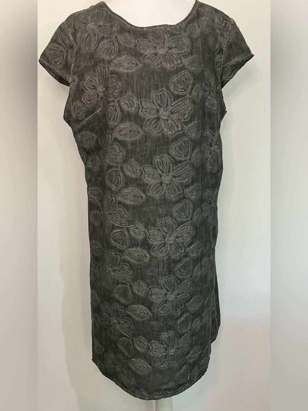 New Collection Linen Dress Made Italy XL Gray EmbroiderFloral Lagenlook Coastal
